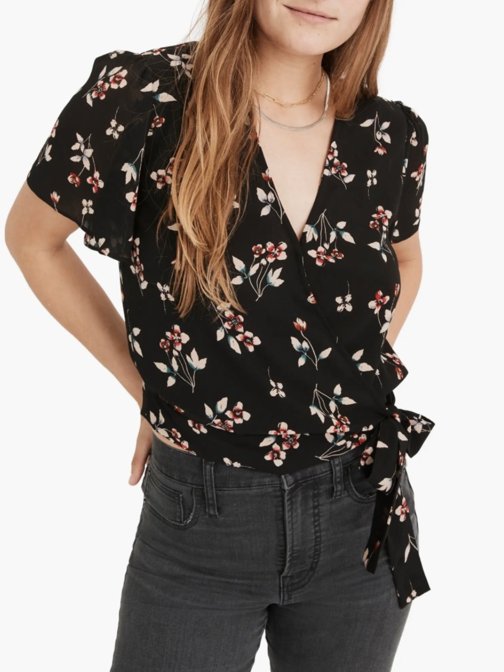 Madewell Botanical Print Wrap Top - Black Floral Short Sleeve Size Small